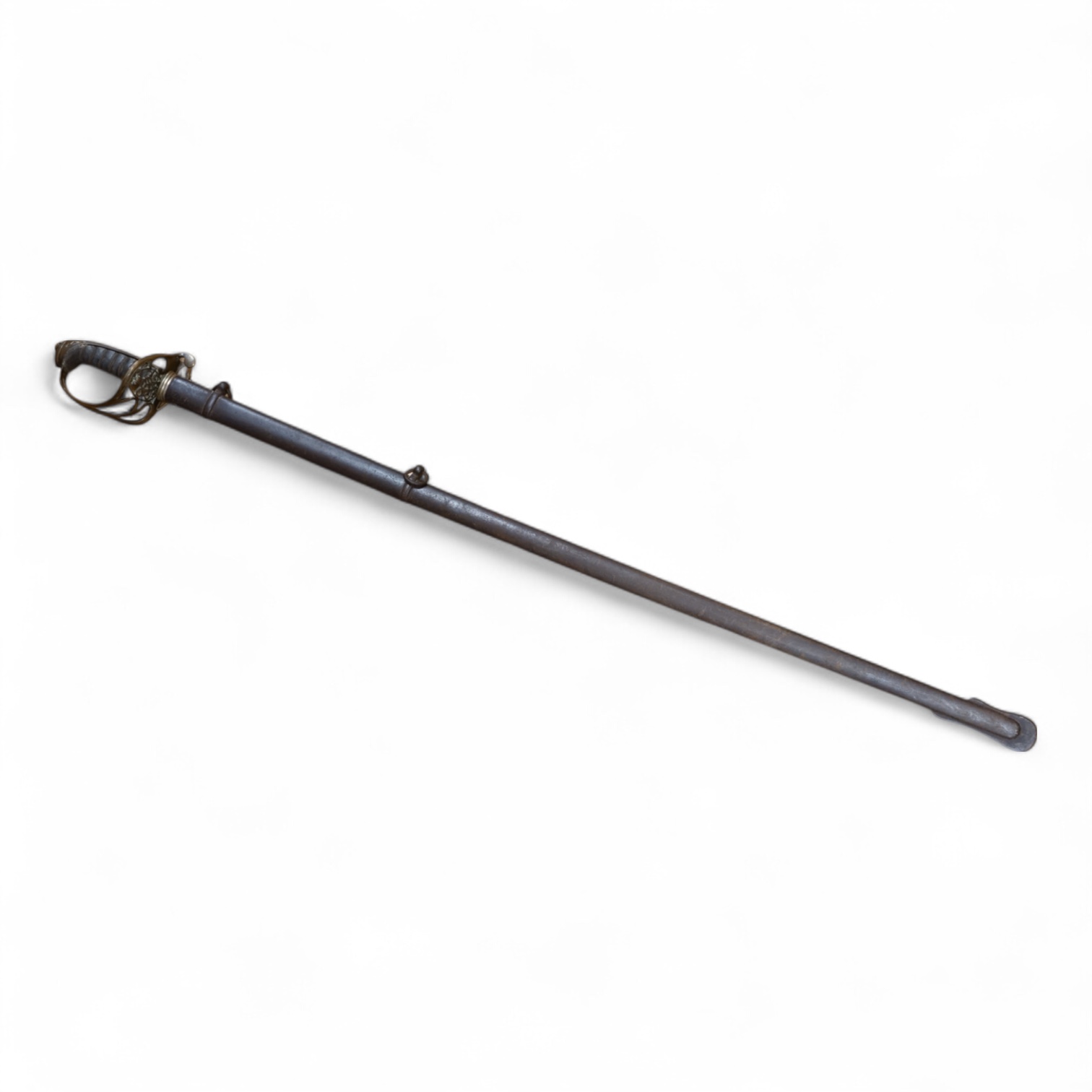 A Victorian 1845 pattern infantry officer’s levee sword, with slender blade etched; Hamburger Rogers & Co., and crowned VR and foliage, regulation pierced brass guard with folding side guard, wire bound fish skin covered